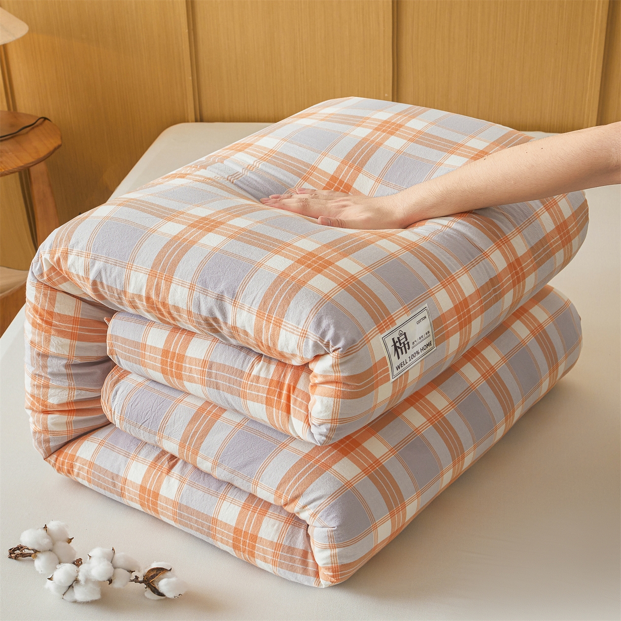 91家纺网 家纺一手货源 找家纺 西域种棉人·千百笠 2025新款A类可拆卸里外全棉100%新疆棉花被子冬被全棉单人学生宿舍加厚保暖春 桔灰格