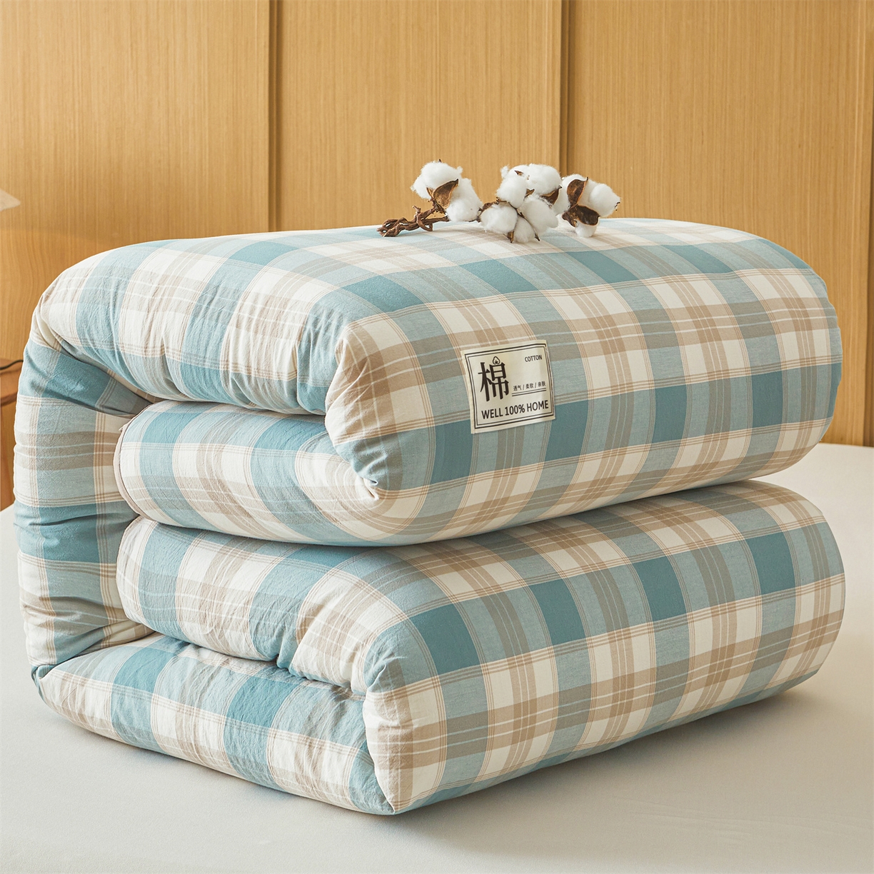 91家纺网 家纺一手货源 找家纺 西域种棉人·千百笠 2025新款A类可拆卸里外全棉100%新疆棉花被子冬被全棉单人学生宿舍加厚保暖春 绿咖格