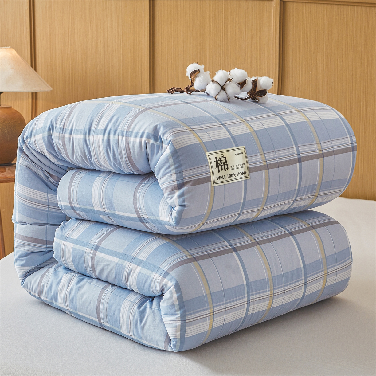 91家纺网 家纺一手货源 找家纺 西域种棉人·千百笠 2025新款A类可拆卸里外全棉100%新疆棉花被子冬被全棉单人学生宿舍加厚保暖春 简蓝格