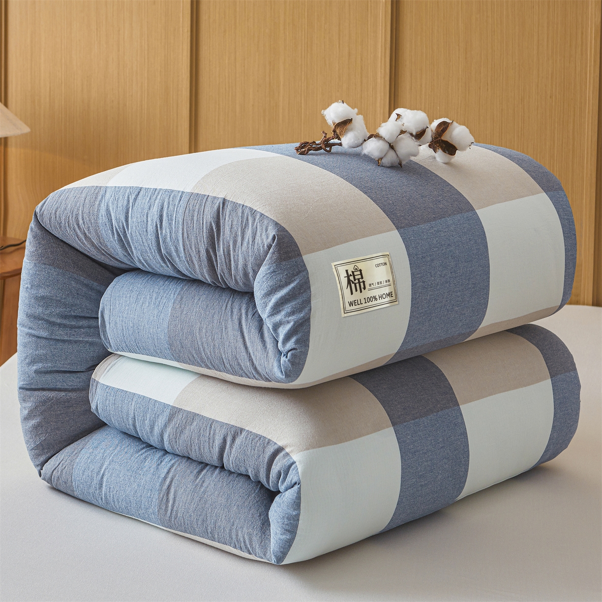 91家纺网 家纺一手货源 找家纺 西域种棉人·千百笠 2025新款A类可拆卸里外全棉100%新疆棉花被子冬被全棉单人学生宿舍加厚保暖春 蓝大格