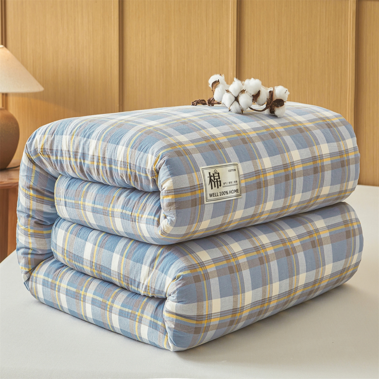 91家纺网 家纺一手货源 找家纺 西域种棉人·千百笠 2025新款A类可拆卸里外全棉100%新疆棉花被子冬被全棉单人学生宿舍加厚保暖春 雅致蓝格