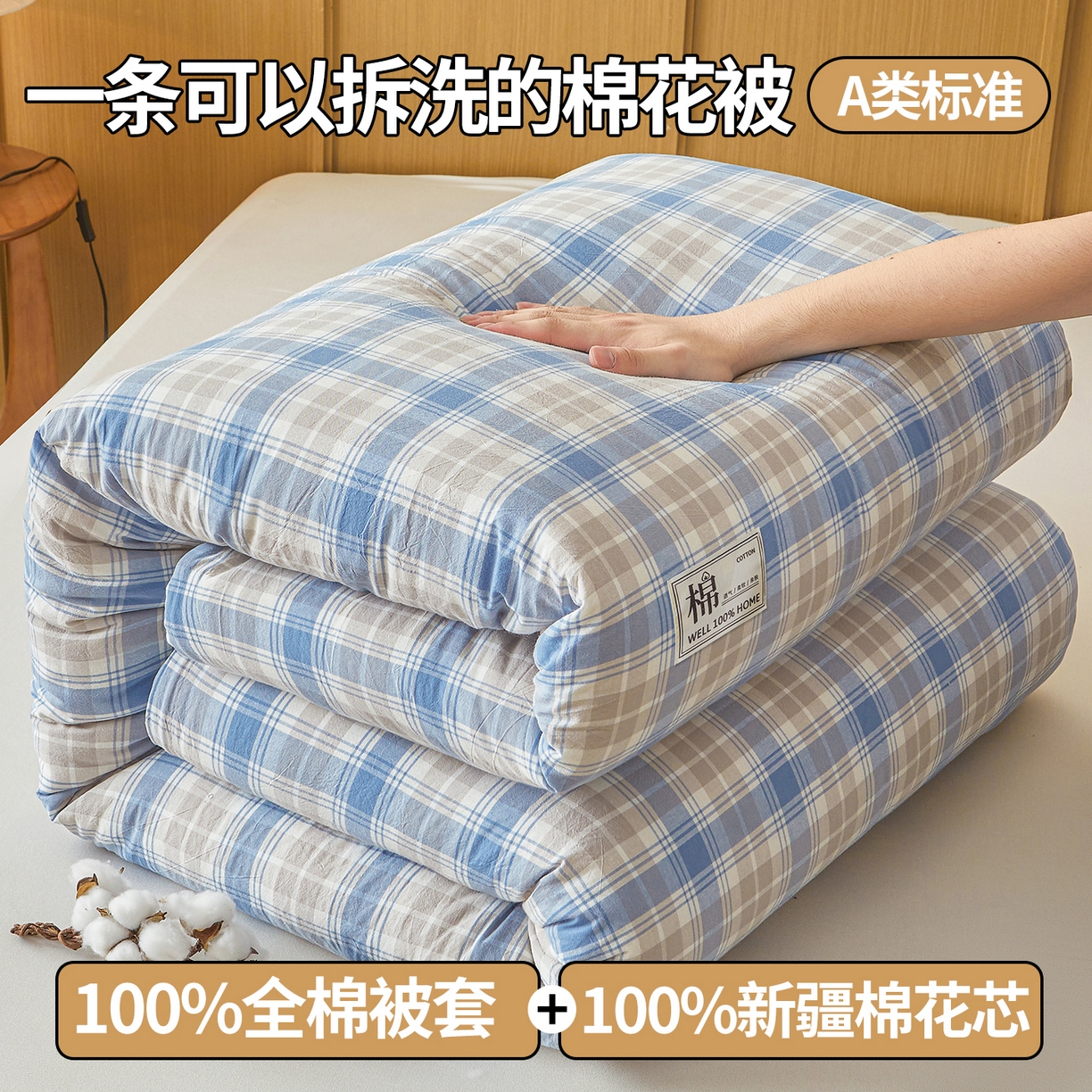 91家纺网 家纺一手货源 找家纺 西域种棉人·千百笠 2025新款A类可拆卸里外全棉100%新疆棉花被子冬被全棉单人学生宿舍加厚保暖春 韵蓝格