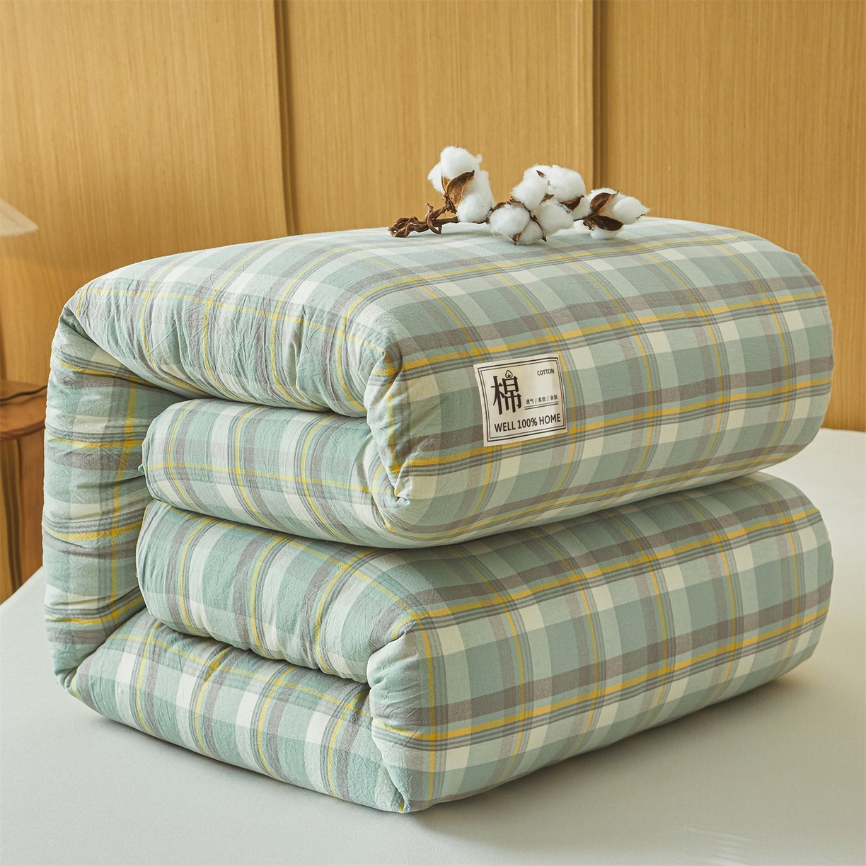 91家纺网 家纺一手货源 找家纺 西域种棉人·千百笠 2025新款A类可拆卸里外全棉100%新疆棉花被子冬被全棉单人学生宿舍加厚保暖春 雅致绿格