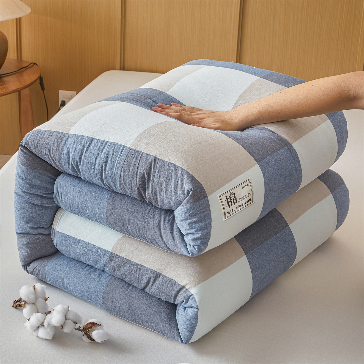 91家纺网 家纺一手货源 找家纺 西域种棉人·千百笠 2025新款A类可拆卸里外全棉100%新疆棉花被子冬被全棉单人学生宿舍加厚保暖春 蓝大格