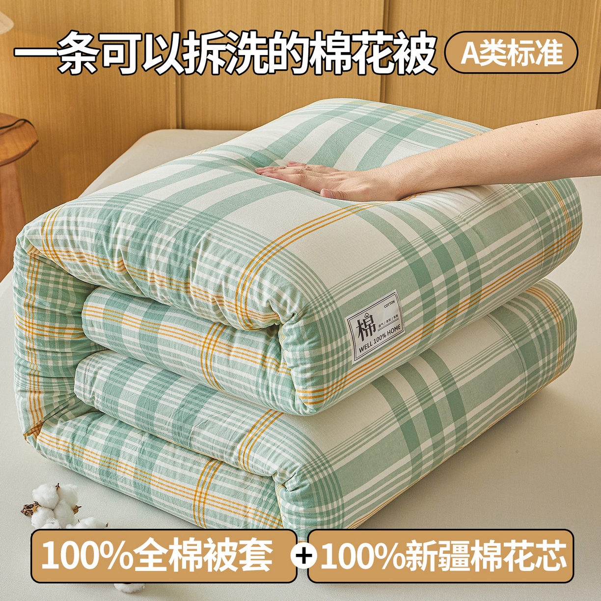 91家纺网 家纺一手货源 找家纺 西域种棉人·千百笠 2025新款A类可拆卸里外全棉100%新疆棉花被子冬被全棉单人学生宿舍加厚保暖春 沐绿大格