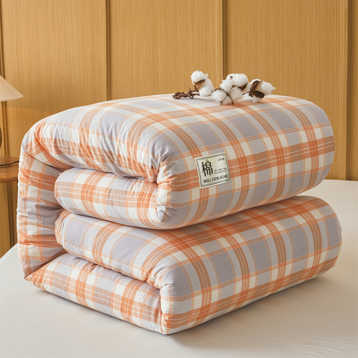 91家纺网 家纺一手货源 找家纺 西域种棉人·千百笠 2025新款A类可拆卸里外全棉100%新疆棉花被子冬被全棉单人学生宿舍加厚保暖春 桔灰格