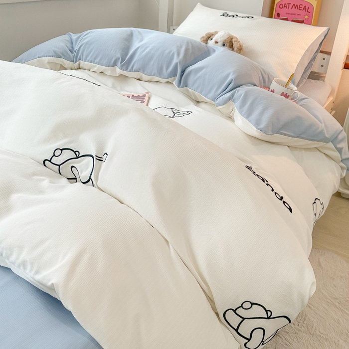 91家纺网 家纺一手货源 找家纺 多乐家纺 2025新款超柔A类母婴级加厚小竺棉学生宿舍三件套上下铺三件套四件套 Panda-白蓝