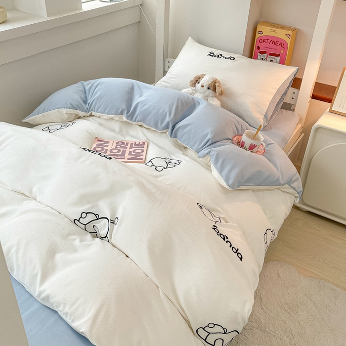 91家纺网 家纺一手货源 找家纺 多乐家纺 2025新款超柔A类母婴级加厚小竺棉学生宿舍三件套上下铺三件套四件套 Panda-白蓝