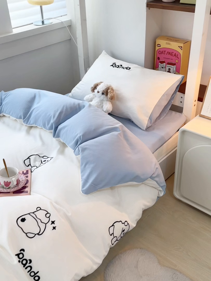 91家纺网 家纺一手货源 找家纺 多乐家纺 2025新款超柔A类母婴级加厚小竺棉学生宿舍三件套上下铺三件套四件套 Panda-白蓝
