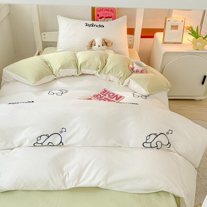 91家纺网 家纺一手货源 找家纺 多乐家纺 2025新款超柔A类母婴级加厚小竺棉学生宿舍三件套上下铺三件套四件套 Panda-白绿