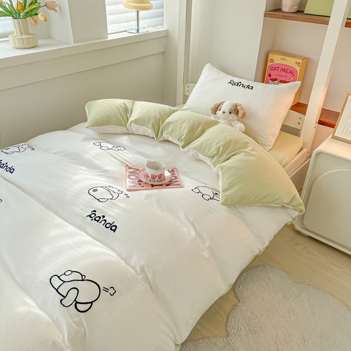 91家纺网 家纺一手货源 找家纺 多乐家纺 2025新款超柔A类母婴级加厚小竺棉学生宿舍三件套上下铺三件套四件套 Panda-白绿