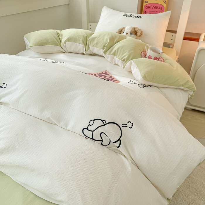 91家纺网 家纺一手货源 找家纺 多乐家纺 2025新款超柔A类母婴级加厚小竺棉学生宿舍三件套上下铺三件套四件套 Panda-白绿