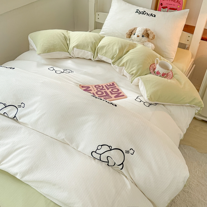 91家纺网 家纺一手货源 找家纺 多乐家纺 2025新款超柔A类母婴级加厚小竺棉学生宿舍三件套上下铺三件套四件套 Panda-白绿