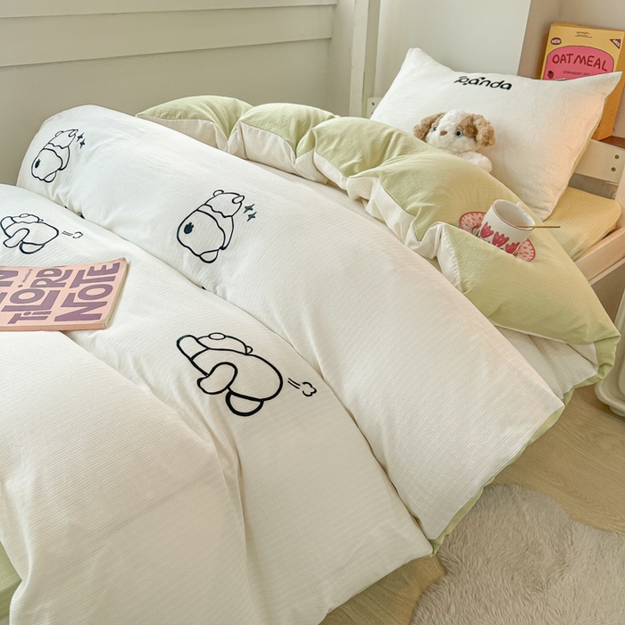 91家纺网 家纺一手货源 找家纺 多乐家纺 2025新款超柔A类母婴级加厚小竺棉学生宿舍三件套上下铺三件套四件套 Panda-白绿