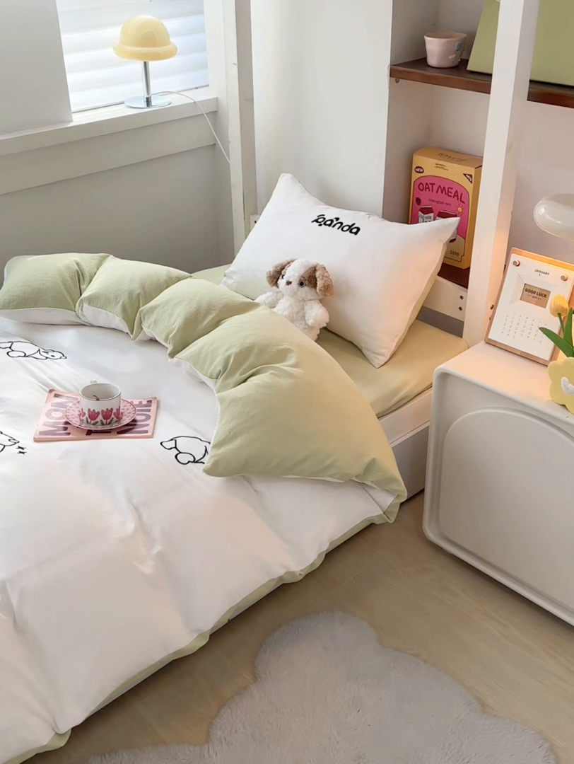 91家纺网 家纺一手货源 找家纺 多乐家纺 2025新款超柔A类母婴级加厚小竺棉学生宿舍三件套上下铺三件套四件套 Panda-白绿