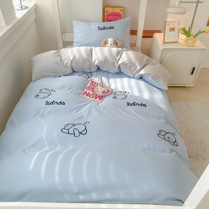 91家纺网 家纺一手货源 找家纺 多乐家纺 2025新款超柔A类母婴级加厚小竺棉学生宿舍三件套上下铺三件套四件套 Panda-蓝灰