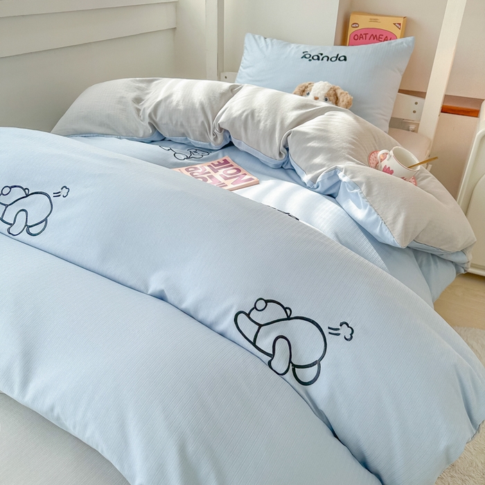 91家纺网 家纺一手货源 找家纺 多乐家纺 2025新款超柔A类母婴级加厚小竺棉学生宿舍三件套上下铺三件套四件套 Panda-蓝灰