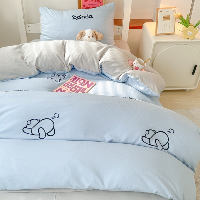 91家纺网 家纺一手货源 找家纺 多乐家纺 2025新款超柔A类母婴级加厚小竺棉学生宿舍三件套上下铺三件套四件套 Panda-蓝灰