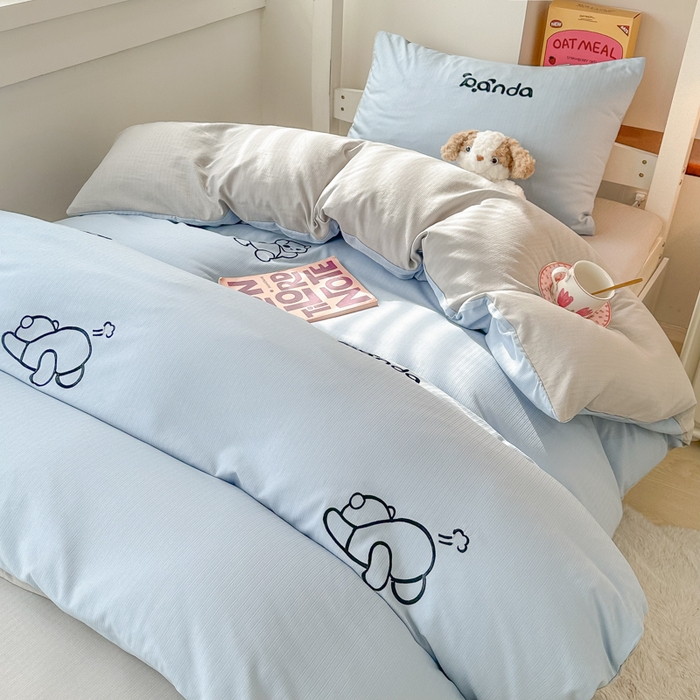 91家纺网 家纺一手货源 找家纺 多乐家纺 2025新款超柔A类母婴级加厚小竺棉学生宿舍三件套上下铺三件套四件套 Panda-蓝灰