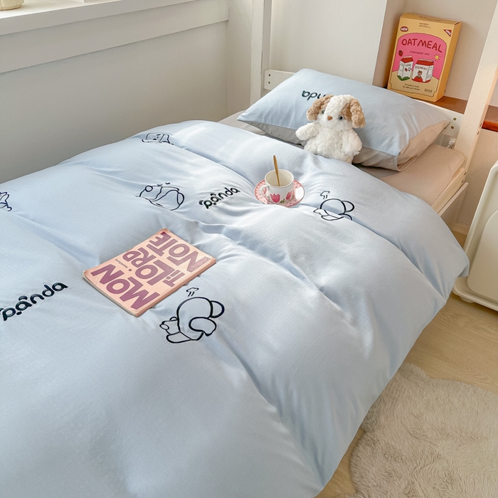 91家纺网 家纺一手货源 找家纺 多乐家纺 2025新款超柔A类母婴级加厚小竺棉学生宿舍三件套上下铺三件套四件套 Panda-蓝灰