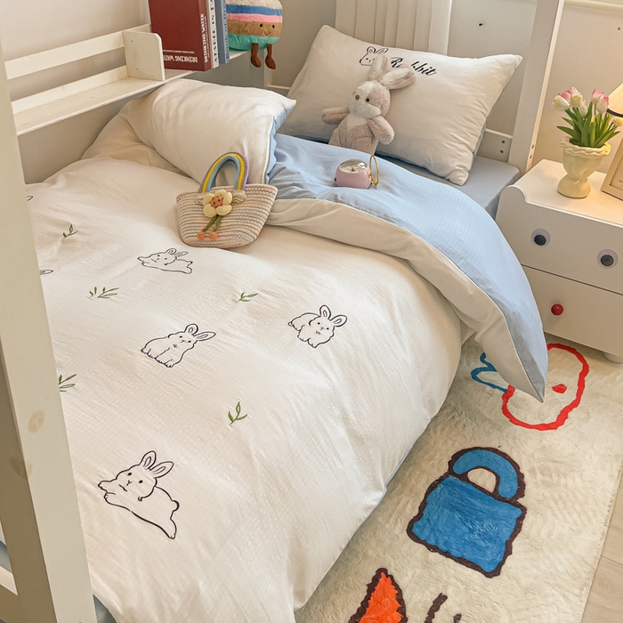 多乐家纺 2025新款超柔A类母婴级加厚小竺棉学生宿舍三件套上下铺三件套四件套 兔兔-白蓝