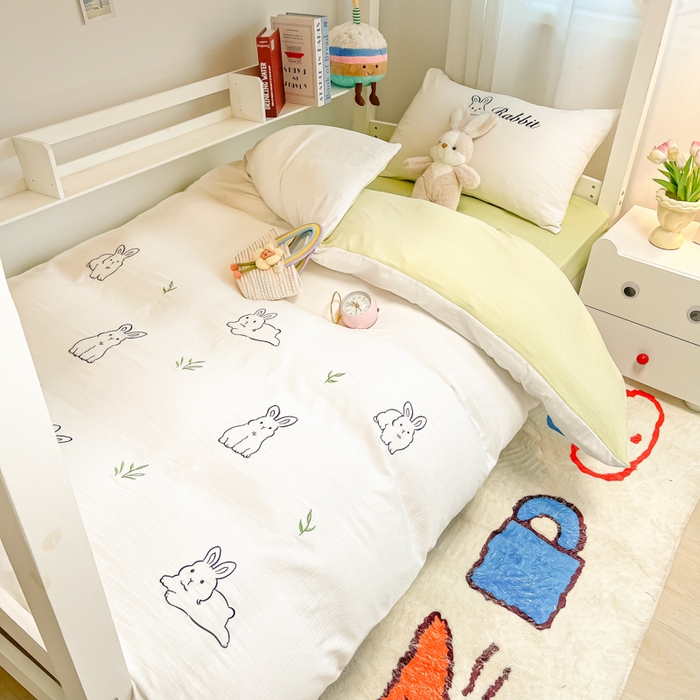 多乐家纺 2025新款超柔A类母婴级加厚小竺棉学生宿舍三件套上下铺三件套四件套 兔兔-白绿