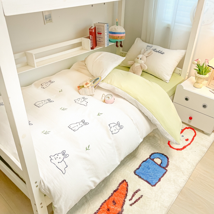 91家纺网 家纺一手货源 找家纺 多乐家纺 2025新款超柔A类母婴级加厚小竺棉学生宿舍三件套上下铺三件套四件套 兔兔-白绿