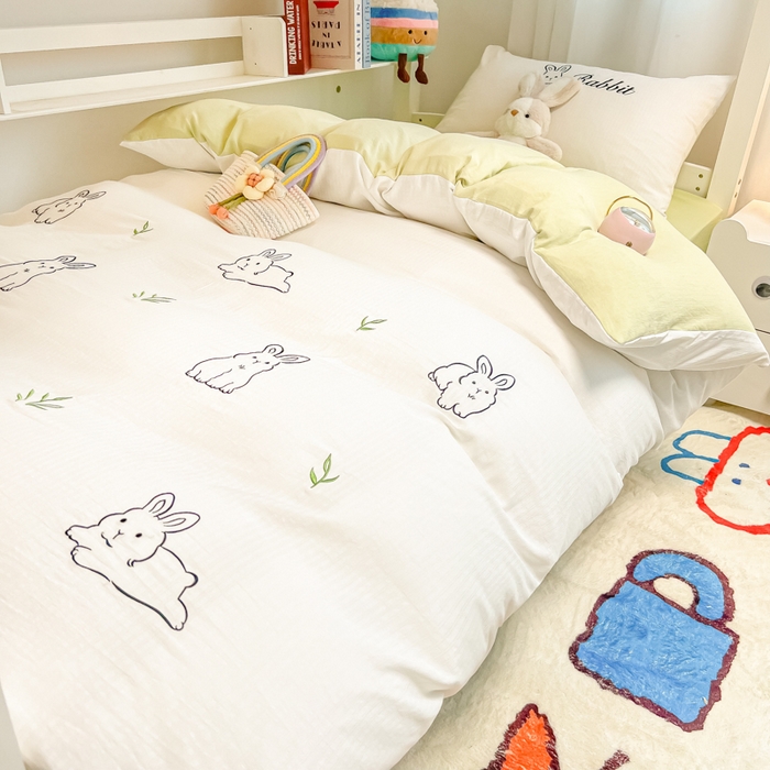 91家纺网 家纺一手货源 找家纺 多乐家纺 2025新款超柔A类母婴级加厚小竺棉学生宿舍三件套上下铺三件套四件套 兔兔-白绿