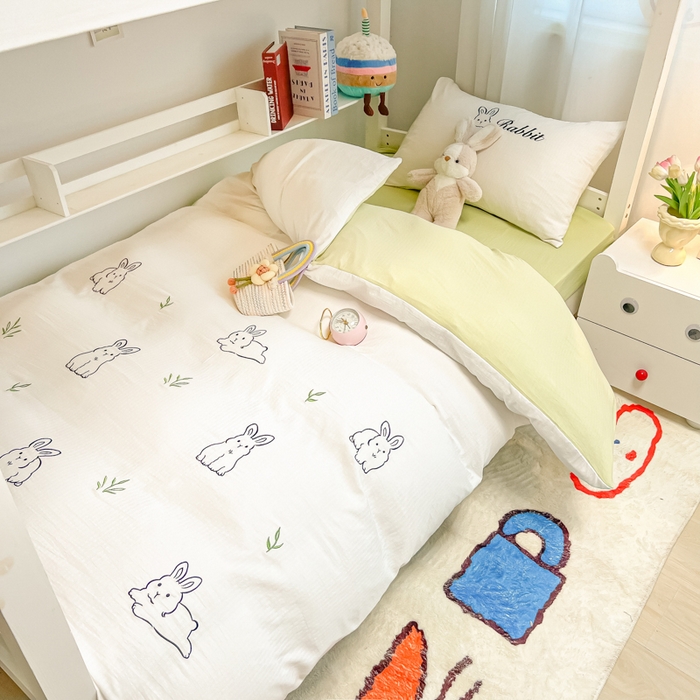 91家纺网 家纺一手货源 找家纺 多乐家纺 2025新款超柔A类母婴级加厚小竺棉学生宿舍三件套上下铺三件套四件套 兔兔-白绿