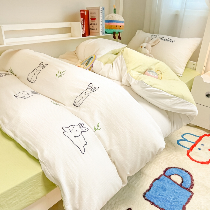 91家纺网 家纺一手货源 找家纺 多乐家纺 2025新款超柔A类母婴级加厚小竺棉学生宿舍三件套上下铺三件套四件套 兔兔-白绿