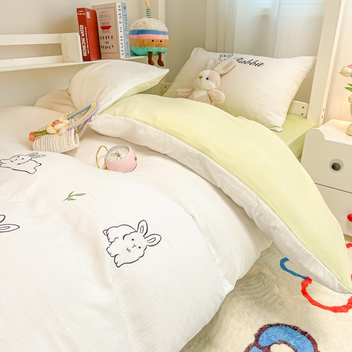 91家纺网 家纺一手货源 找家纺 多乐家纺 2025新款超柔A类母婴级加厚小竺棉学生宿舍三件套上下铺三件套四件套 兔兔-白绿