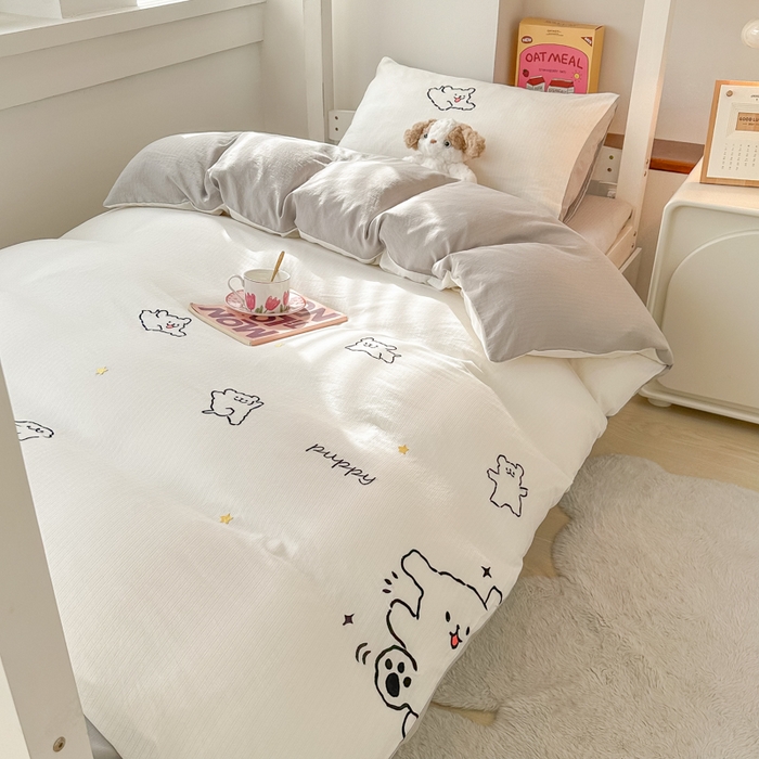 91家纺网 家纺一手货源 找家纺 多乐家纺 2025新款超柔A类母婴级加厚小竺棉学生宿舍三件套上下铺三件套四件套 小白-白灰