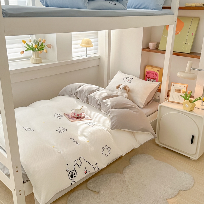 91家纺网 家纺一手货源 找家纺 多乐家纺 2025新款超柔A类母婴级加厚小竺棉学生宿舍三件套上下铺三件套四件套 小白-白灰