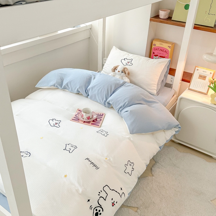 多乐家纺 2025新款超柔A类母婴级加厚小竺棉学生宿舍三件套上下铺三件套四件套 小白-白蓝