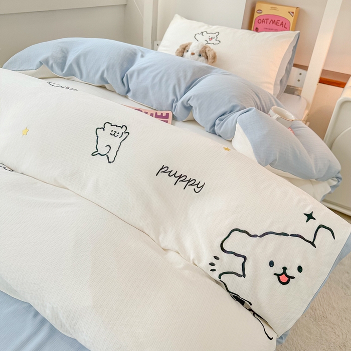 91家纺网 家纺一手货源 找家纺 多乐家纺 2025新款超柔A类母婴级加厚小竺棉学生宿舍三件套上下铺三件套四件套 小白-白蓝