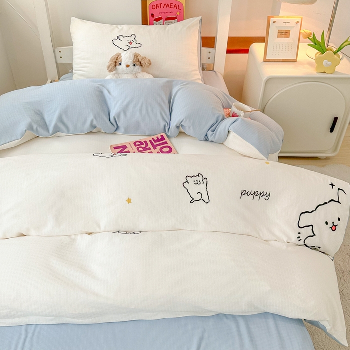 91家纺网 家纺一手货源 找家纺 多乐家纺 2025新款超柔A类母婴级加厚小竺棉学生宿舍三件套上下铺三件套四件套 小白-白蓝