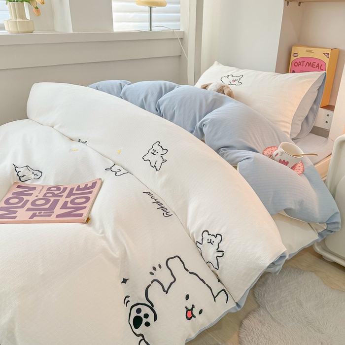 91家纺网 家纺一手货源 找家纺 多乐家纺 2025新款超柔A类母婴级加厚小竺棉学生宿舍三件套上下铺三件套四件套 小白-白蓝