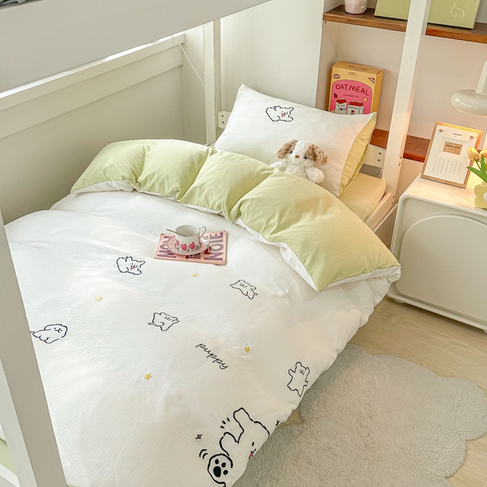 多乐家纺 2025新款超柔A类母婴级加厚小竺棉学生宿舍三件套上下铺三件套四件套 小白-白绿