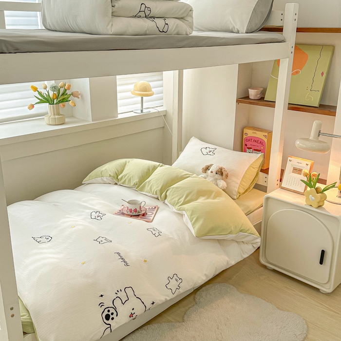 91家纺网 家纺一手货源 找家纺 多乐家纺 2025新款超柔A类母婴级加厚小竺棉学生宿舍三件套上下铺三件套四件套 小白-白绿