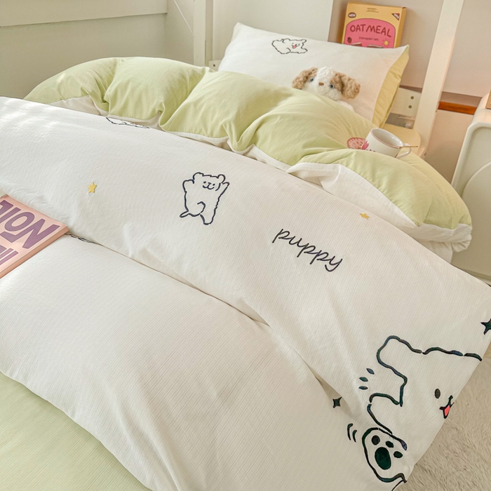 91家纺网 家纺一手货源 找家纺 多乐家纺 2025新款超柔A类母婴级加厚小竺棉学生宿舍三件套上下铺三件套四件套 小白-白绿