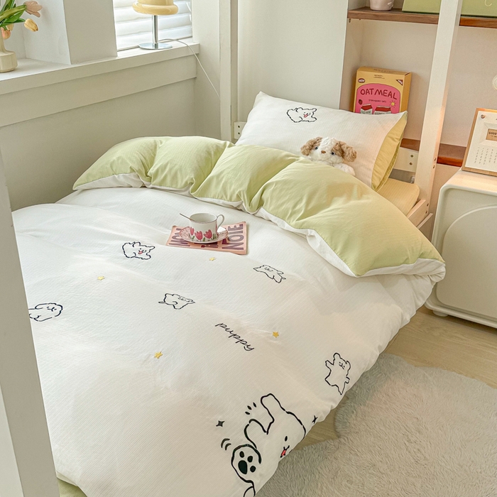 91家纺网 家纺一手货源 找家纺 多乐家纺 2025新款超柔A类母婴级加厚小竺棉学生宿舍三件套上下铺三件套四件套 小白-白绿