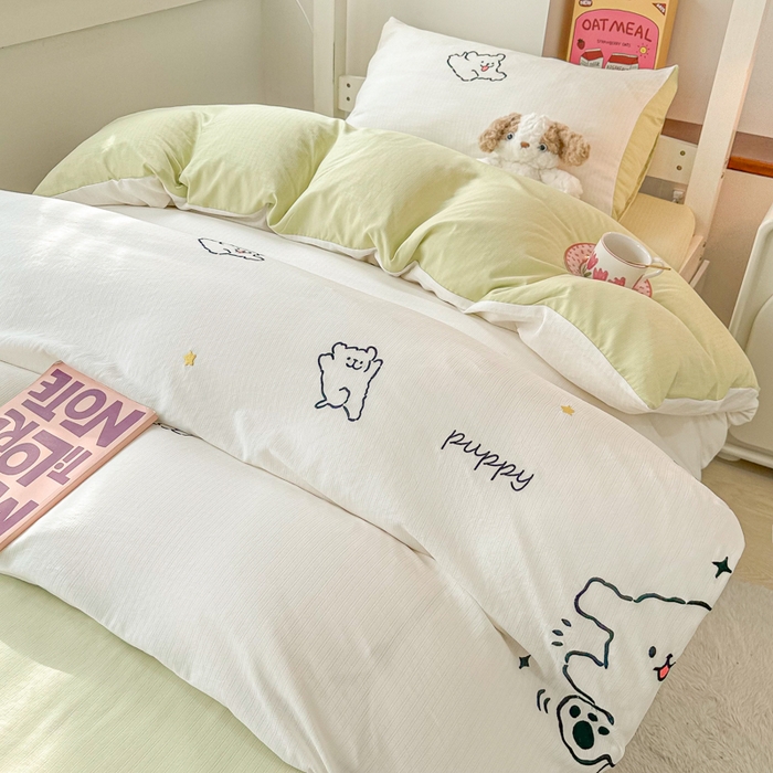 91家纺网 家纺一手货源 找家纺 多乐家纺 2025新款超柔A类母婴级加厚小竺棉学生宿舍三件套上下铺三件套四件套 小白-白绿