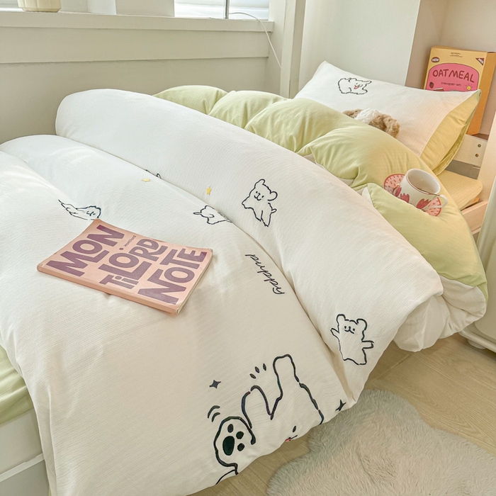 91家纺网 家纺一手货源 找家纺 多乐家纺 2025新款超柔A类母婴级加厚小竺棉学生宿舍三件套上下铺三件套四件套 小白-白绿