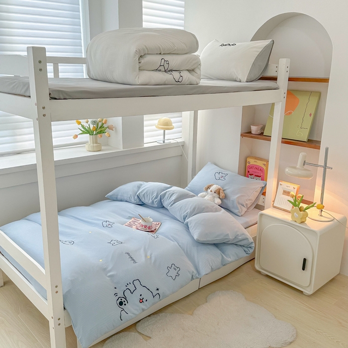 91家纺网 家纺一手货源 找家纺 多乐家纺 2025新款超柔A类母婴级加厚小竺棉学生宿舍三件套上下铺三件套四件套 小白-蓝