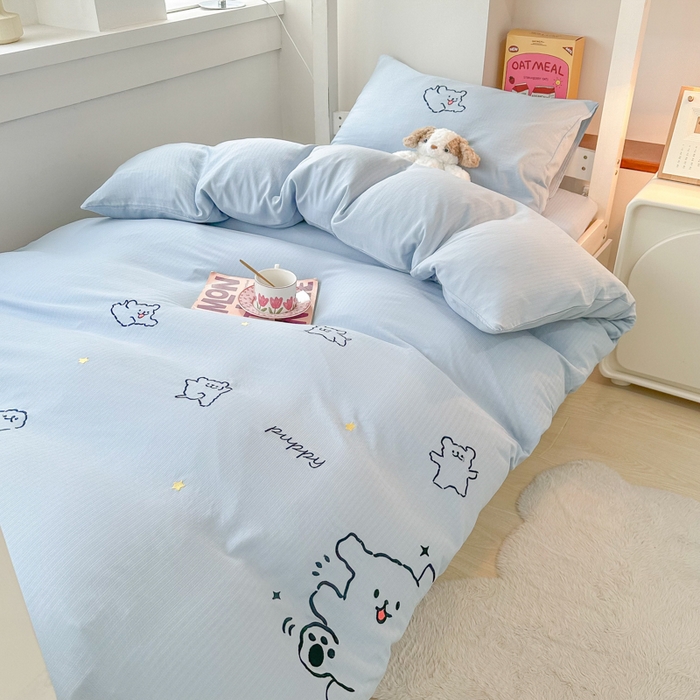 91家纺网 家纺一手货源 找家纺 多乐家纺 2025新款超柔A类母婴级加厚小竺棉学生宿舍三件套上下铺三件套四件套 小白-蓝