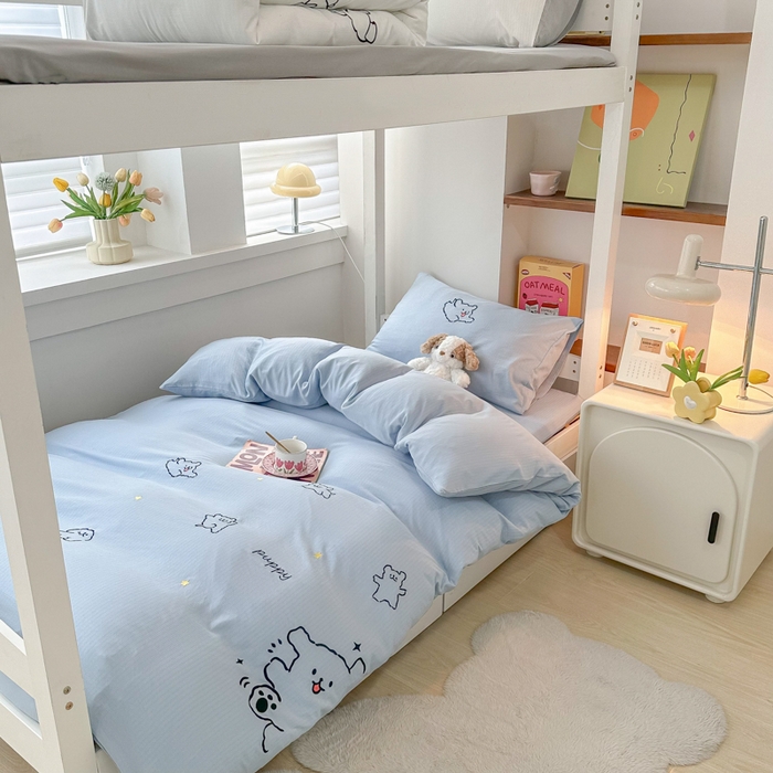 91家纺网 家纺一手货源 找家纺 多乐家纺 2025新款超柔A类母婴级加厚小竺棉学生宿舍三件套上下铺三件套四件套 小白-蓝