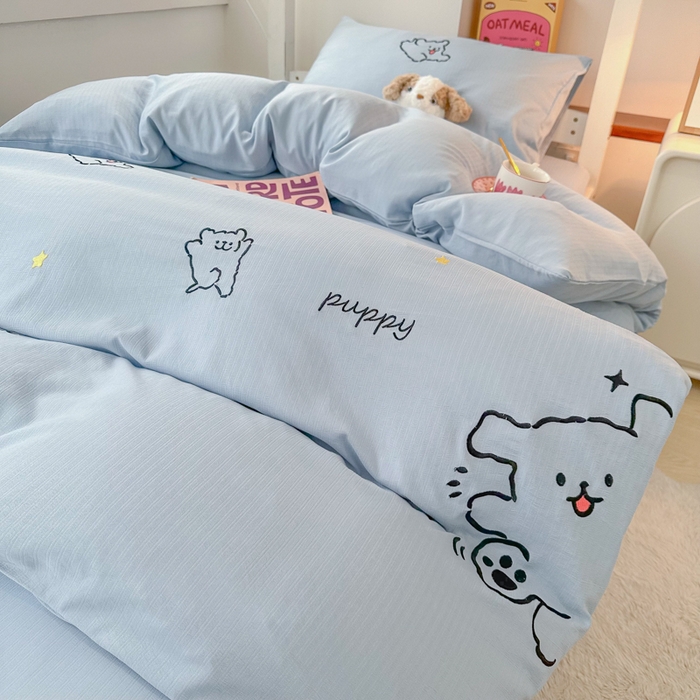 91家纺网 家纺一手货源 找家纺 多乐家纺 2025新款超柔A类母婴级加厚小竺棉学生宿舍三件套上下铺三件套四件套 小白-蓝