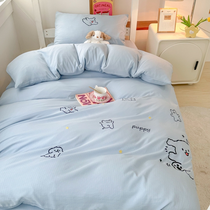 91家纺网 家纺一手货源 找家纺 多乐家纺 2025新款超柔A类母婴级加厚小竺棉学生宿舍三件套上下铺三件套四件套 小白-蓝