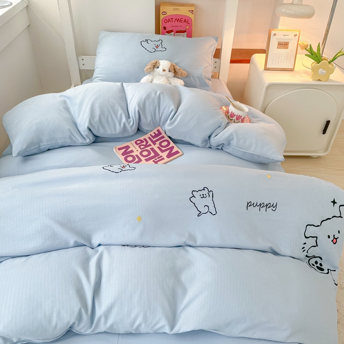 91家纺网 家纺一手货源 找家纺 多乐家纺 2025新款超柔A类母婴级加厚小竺棉学生宿舍三件套上下铺三件套四件套 小白-蓝