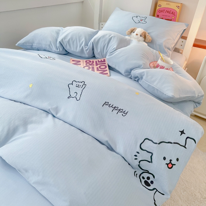 91家纺网 家纺一手货源 找家纺 多乐家纺 2025新款超柔A类母婴级加厚小竺棉学生宿舍三件套上下铺三件套四件套 小白-蓝